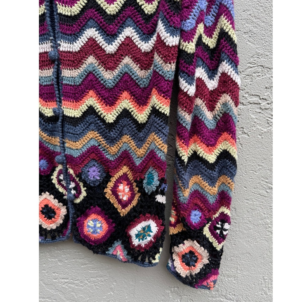 Vintage Chadwicks Womens Black Multicolor Crochet Zigzag Cardigan Sweater SMALL - Picture 6 of 8